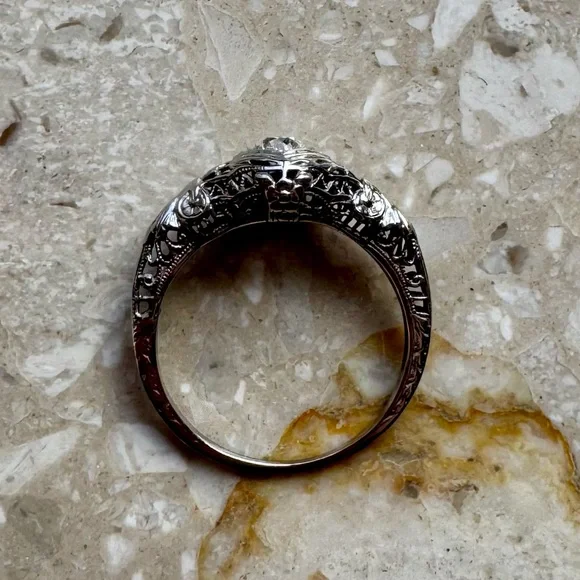 Antique Filigree 14k White Gold Old Mine Cut Diamond Engagement Ring - Picture 16 of 16